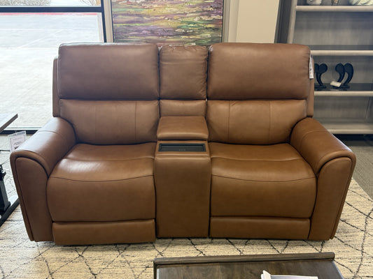 Triple-Power Leather Reclining Console Loveseat