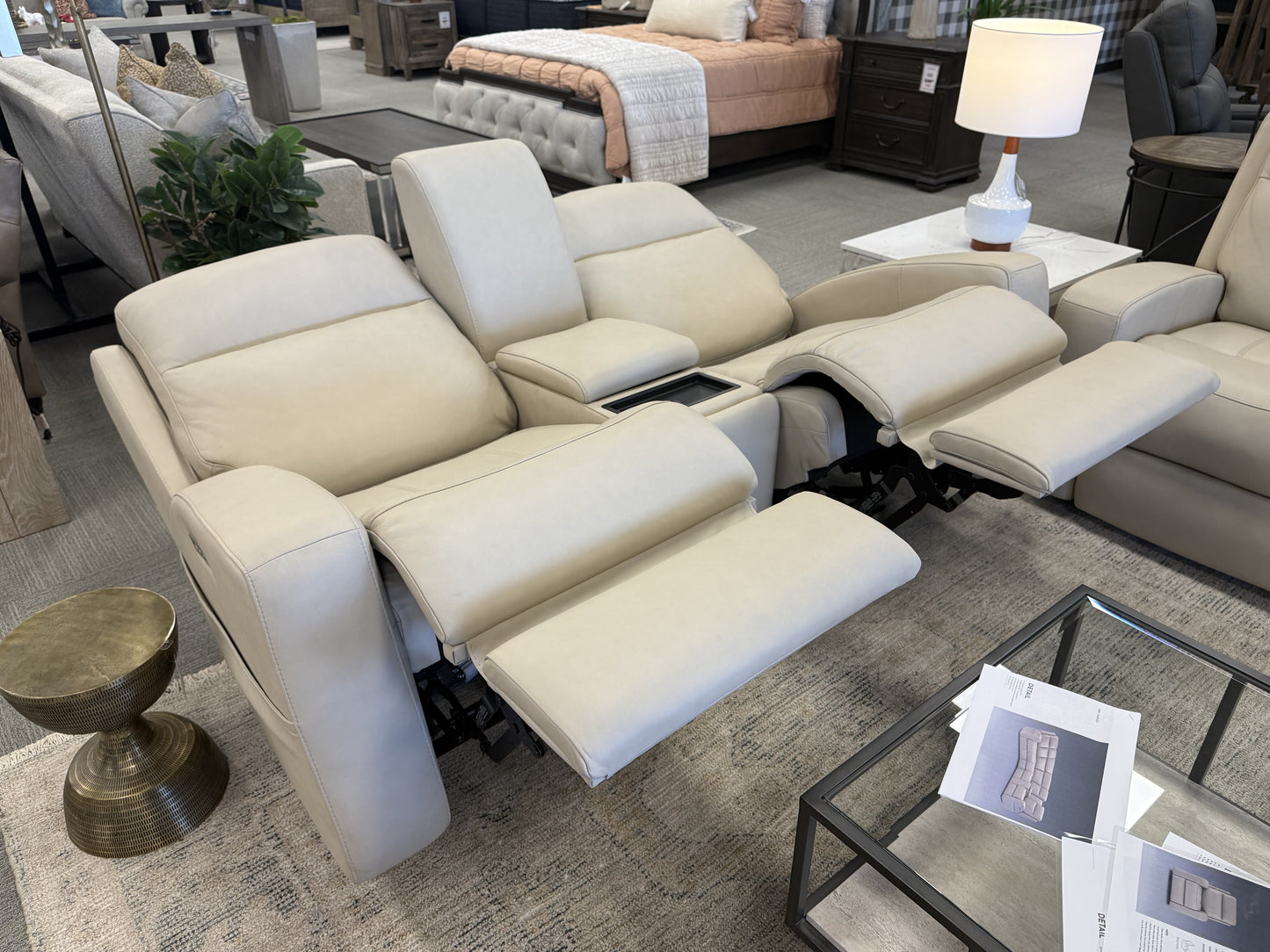 Triple-Power Leather Reclining Console Loveseat